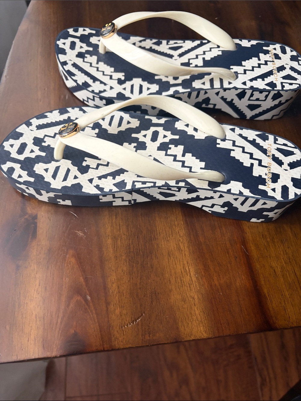 Tory Burch Cream Strappy Wedge Sandals with Navy Aztec Pattern
